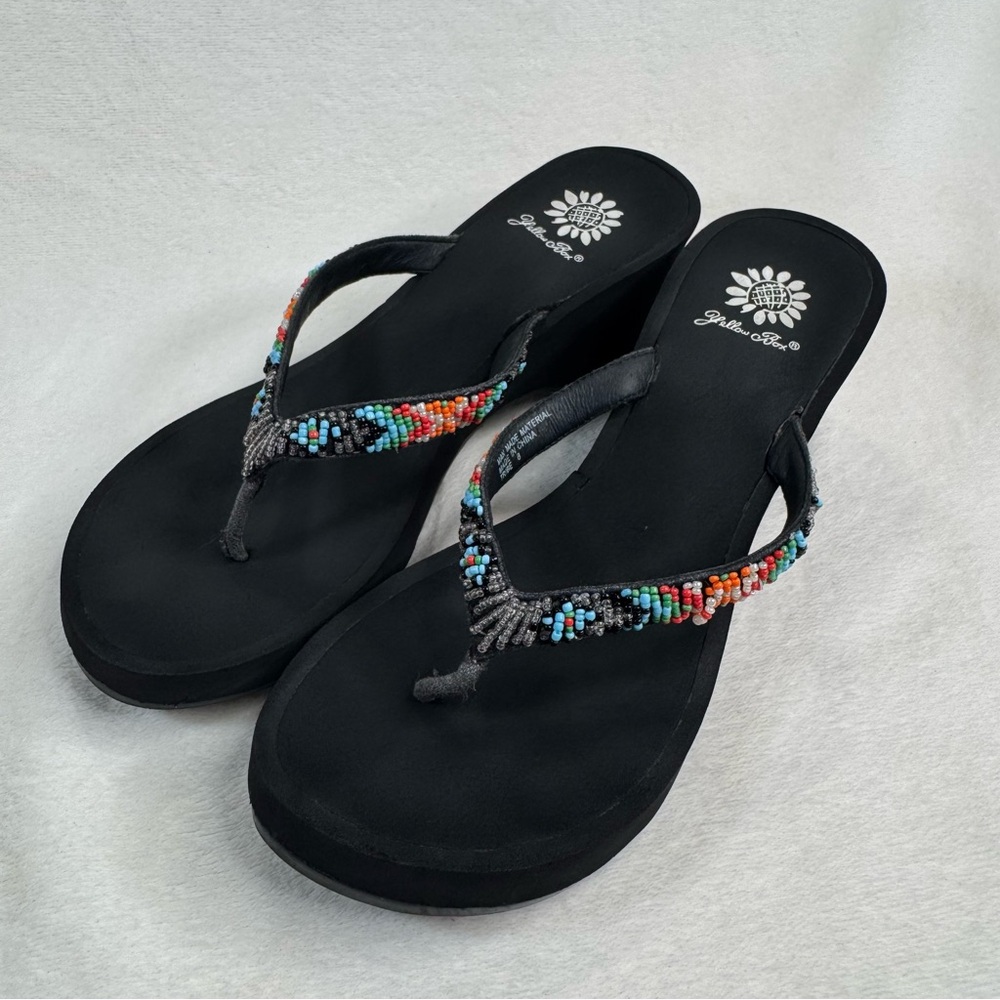 Yellow Box Beaded TRIBE Black Wedge Thongs Flip Flops Sandals - Sz 8